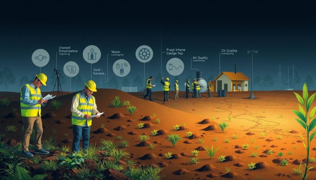 A comprehensive environmental due diligence assessment process, depicted through a well-lit, detailed illustration. In the foreground, a thorough site inspection is underway, with inspectors meticulously examining soil samples and taking detailed notes. The middle ground showcases various analytical techniques, such as water testing and air quality monitoring, carried out by a team of environmental experts. In the background, a holistic report is being compiled, integrating all the findings and recommendations for the client's consideration. The scene conveys a sense of professionalism, attention to detail, and a commitment to ensuring a comprehensive understanding of the environmental conditions of the property.