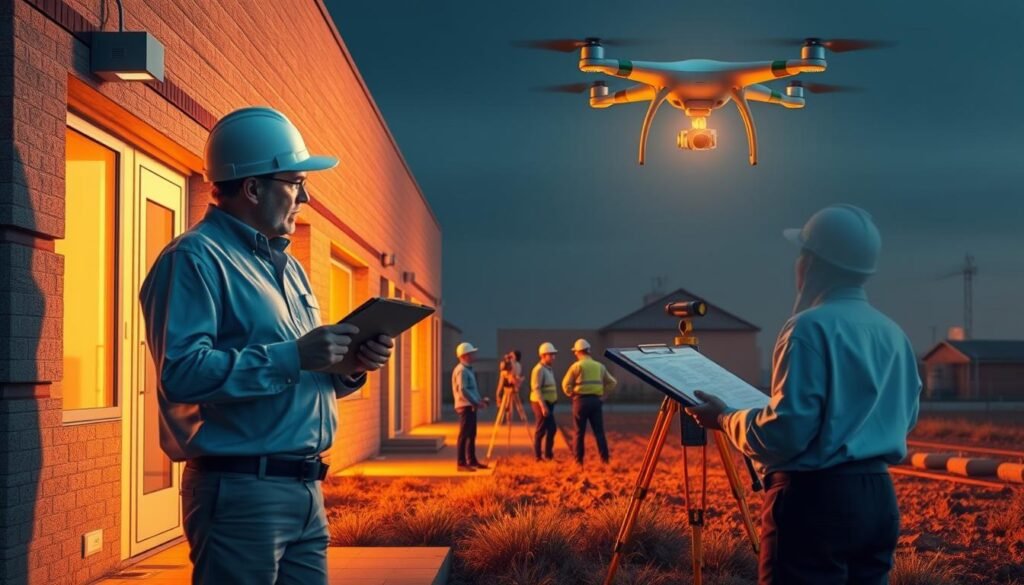 A detailed rendering of the environmental site assessment process, showcasing a surveyor inspecting a commercial property. In the foreground, a clipboard-wielding inspector examines the building's exterior, taking notes. In the middle ground, a team of engineers utilizes surveying equipment to map the site's topography. In the background, a drone hovers overhead, capturing aerial imagery of the location. The scene is illuminated by warm, directional lighting, casting deep shadows and highlighting the technical nature of the assessment. The overall mood conveys a sense of professional diligence and environmental stewardship.