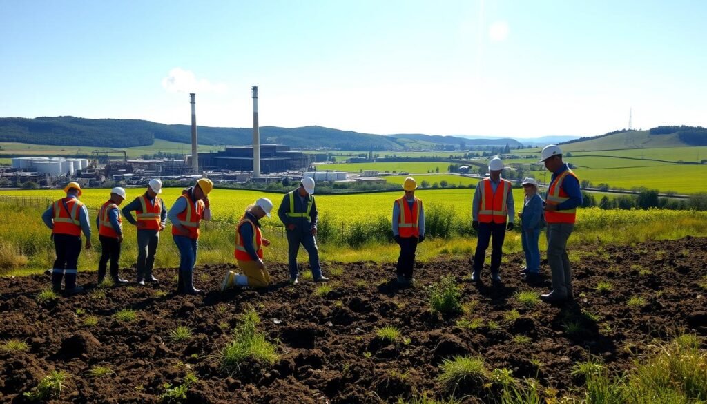 A detailed scene of an environmental site assessment process. In the foreground, a team of professionals in hard hats and safety gear conduct soil sampling and inspections. In the middle ground, a large industrial facility with smokestacks and storage tanks. In the background, a lush green landscape with rolling hills and a clear blue sky. Bright natural lighting casts long shadows, creating a sense of depth and dimension. The overall atmosphere is one of thorough investigation and environmental responsibility.