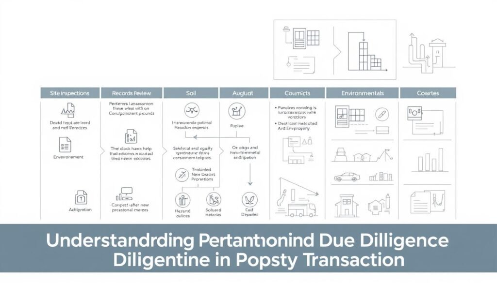 A detailed schematic diagram of the environmental due diligence process for an industrial property transaction. In the foreground, a series of structured steps depicting site inspections, records review, and environmental assessments. In the middle ground, icons and symbols representing key environmental factors like soil, groundwater, and hazardous materials. In the background, a clean, minimalist layout with technical diagrams and charts, conveying a sense of professionalism and rigor. Rendered in a muted color palette with clean lines and subtle shading, the image evokes a sense of careful analysis and thorough investigation, fitting the subject of "Understanding Environmental Due Diligence in Property Transactions".
