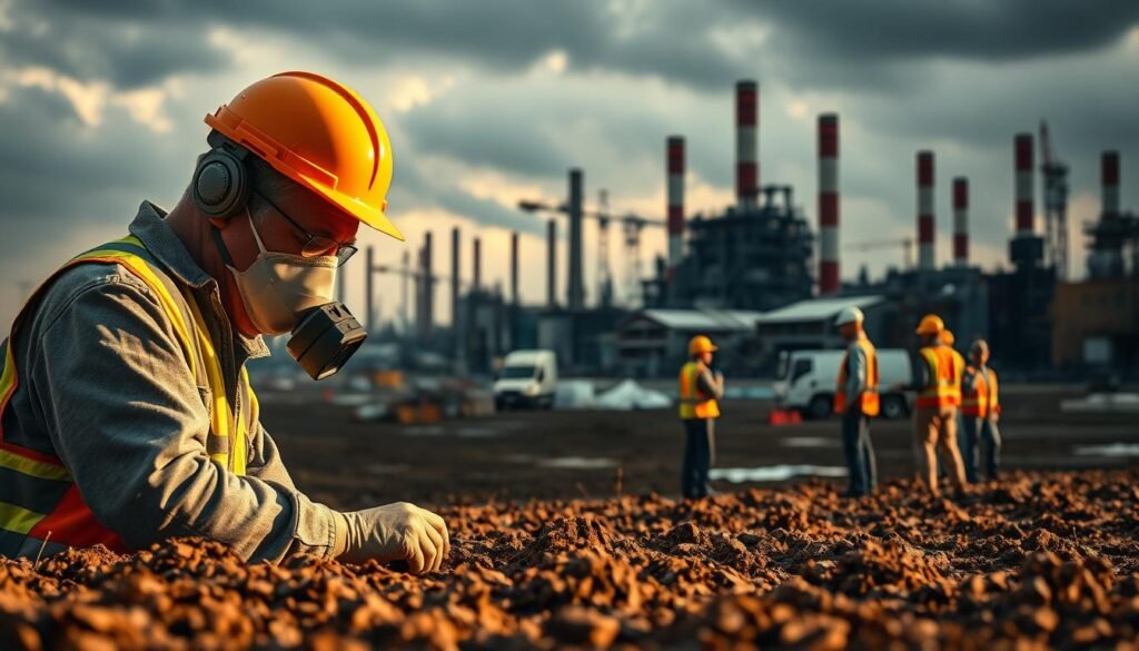 A detailed, step-by-step depiction of the environmental site assessment process. In the foreground, a surveyor examines soil samples using specialized equipment, their face partially obscured by a protective mask. In the middle ground, an architect reviews blueprints and documents, while a construction crew discusses plans. The background features a sprawling industrial site, with towering smokestacks and cranes juxtaposed against a cloudy, moody sky, conveying the seriousness and importance of the assessment. The scene is captured through a wide-angle lens, emphasizing the scale and complexity of the task at hand, with warm, natural lighting that casts long shadows and highlights the collaborative nature of the work.