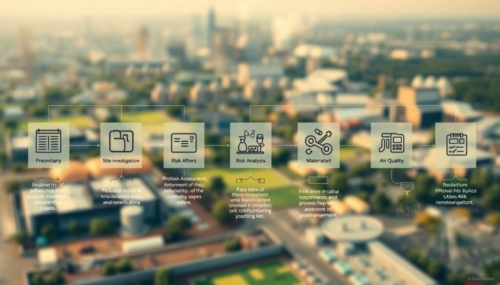 A detailed technical diagram showcasing the step-by-step environmental risk assessment process. In the foreground, a series of interconnected icons and flowchart elements depict the key stages - preliminary assessment, site investigation, risk analysis, and risk management. The middle ground features various scientific instruments and equipment used for data collection and analysis, such as soil sampling kits, water testing devices, and air quality monitors. In the background, a softly blurred cityscape with industrial buildings and green spaces suggests the real-world context in which this assessment takes place. Warm, muted tones create a professional, authoritative atmosphere, while strategic use of shadows and highlights emphasizes the logical structure of the process.