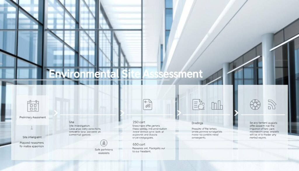 A modern, technical illustration showcasing the Environmental Site Assessment process. In the foreground, a schematic diagram depicting the key stages - preliminary assessment, site investigation, and final report. The middle ground features detailed icons and infographics explaining each step. The background has a clean, minimalist architectural rendering, with sleek glass and steel structures representing commercial real estate. The lighting is bright and natural, creating a crisp, professional atmosphere. The composition uses a balanced, grid-like layout to convey the structured, systematic nature of the assessment process.