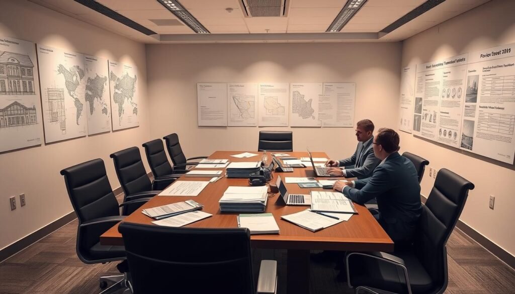 A modern, well-lit office setting with a large conference table surrounded by chairs. On the table, various documents, files, and a laptop computer are neatly arranged, representing an environmental transaction screen review in progress. The walls are adorned with architectural plans, environmental impact reports, and real estate documents, conveying the professional and technical nature of the scene. Soft, diffused lighting casts a warm glow, creating a sense of focus and diligence. The atmosphere is one of thoughtful deliberation, with the participants engaged in the evaluation of the property's environmental conditions.