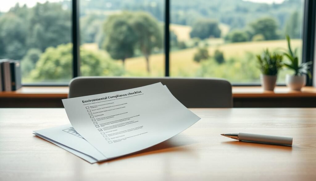 A neatly organized environmental compliance checklist sits atop a wooden desk, surrounded by a well-lit professional office setting. The checklist features clearly delineated sections and checkboxes, conveying a sense of meticulous attention to detail. In the background, a large window offers a view of a lush, verdant landscape, symbolizing the harmony between environmental stewardship and business practices. Soft, natural lighting filters through the space, creating a warm, contemplative atmosphere. The composition suggests the evolution of environmental due diligence, where comprehensive checklists have become an integral part of responsible corporate decision-making.
