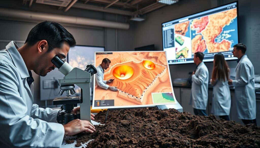A pristine laboratory setting with a team of scientists diligently examining soil samples, geological maps, and environmental data. The foreground features a technician in a white lab coat carefully analyzing soil under a high-powered microscope. The middle ground showcases a 3D topographic model of the site, illuminated by warm, focused lighting. In the background, a large display screen presents satellite imagery, test results, and other critical information required for a comprehensive Environmental Site Assessment. The atmosphere exudes a sense of scientific rigor, attention to detail, and a commitment to understanding the environmental conditions of the site.