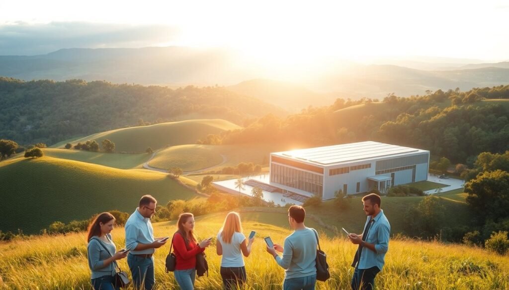 A serene landscape of rolling hills and lush greenery, illuminated by warm, golden-hour sunlight. In the foreground, a group of diverse people engaged in environmental monitoring and assessment tasks, using handheld devices and taking notes. The middle ground features a modern, yet eco-friendly building, its sleek architecture and solar panels reflecting the principles of environmental compliance. In the background, a sprawling forest canopy, suggesting the natural world that must be protected. The overall scene conveys a sense of harmony between human activity and environmental stewardship, the foundation of environmental compliance management.