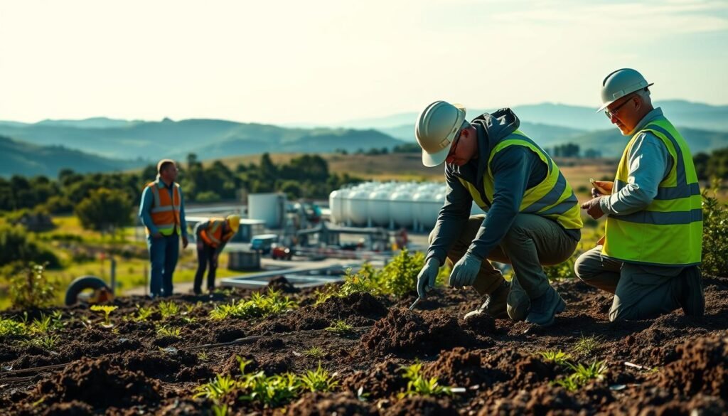 A serene outdoor scene of an environmental site assessment for petroleum contamination. The foreground features a team of experts in safety gear inspecting soil samples, their tools and equipment neatly arranged. The middle ground shows a well-maintained facility with storage tanks and pipework, surrounded by lush greenery. In the background, rolling hills and a clear blue sky create a sense of tranquility, belying the environmental concerns at hand. Warm, diffused natural lighting illuminates the scene, emphasizing the importance of thorough and professional site assessments. The overall mood conveys diligence, caution, and a commitment to environmental stewardship.