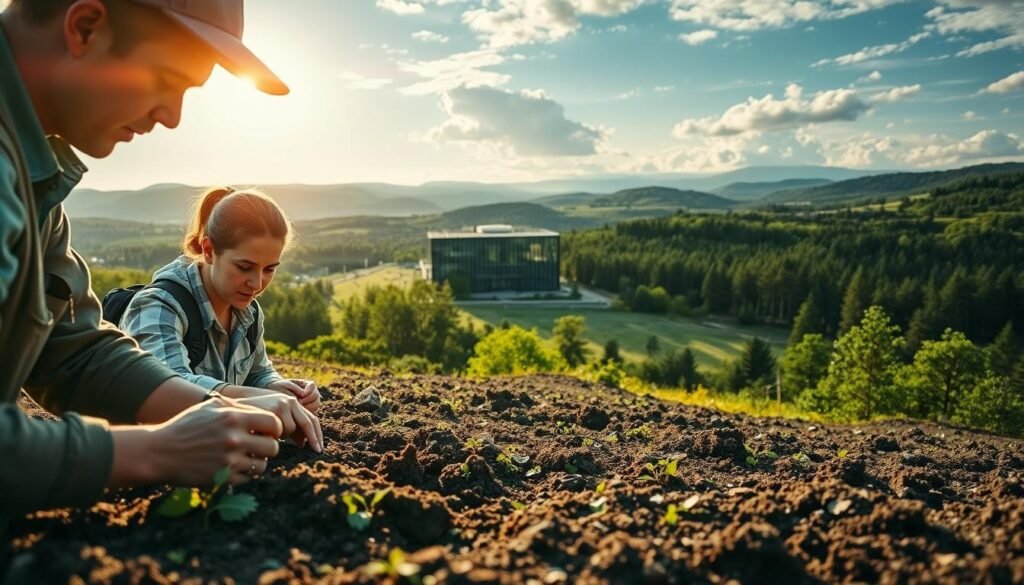 A sprawling landscape showcasing the breadth of environmental impact assessment services. In the foreground, a team of experts examines soil samples, their faces illuminated by the warm glow of the sun. In the middle ground, a sleek, modern office building stands, its glass façade reflecting the surrounding natural world. In the background, rolling hills and lush forests stretch out, symbolizing the broader environmental context being evaluated. The scene conveys a sense of diligence, sustainability, and a commitment to preserving the delicate balance of nature. Crisp, high-resolution photography with a shallow depth of field, capturing the intricate details of the assessment process.