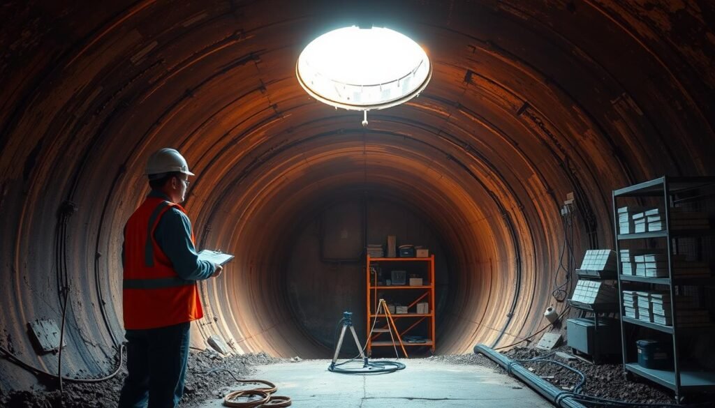 A subterranean scene of an underground storage tank facility, bathed in warm, natural lighting filtering through an open hatch. In the foreground, a technician in a safety vest and hard hat inspects the tank, clipboard in hand, while in the middle ground, a cutaway view reveals the tank's interior lining and monitoring systems. In the background, shelves of records and testing equipment suggest the importance of meticulous documentation and environmental assessment. The atmosphere conveys a sense of careful, proactive management, ensuring the safe and responsible operation of this vital infrastructure.