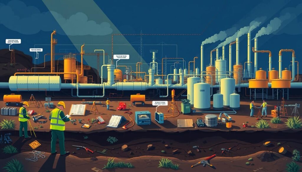 A vibrant, detailed illustration of the environmental site assessment process. In the foreground, a team of inspectors examines the site, taking measurements and collecting samples. The middle ground showcases a variety of environmental testing equipment and tools, with clear labels indicating their purpose. In the background, a complex network of pipelines, storage tanks, and industrial structures represent the potential sources of contamination. Dramatic lighting casts long shadows, evoking a sense of investigation and discovery. The overall scene conveys a comprehensive, technical understanding of the environmental site assessment fundamentals.