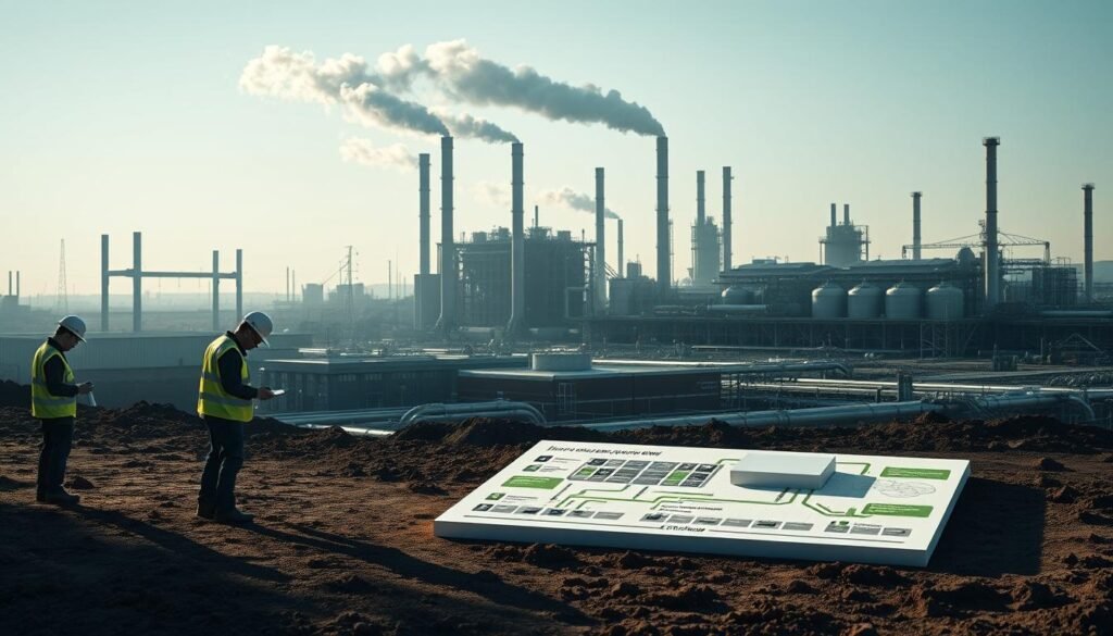 A well-lit, architectural rendering of the step-by-step environmental site assessment process. In the foreground, a team of professional inspectors diligently evaluating soil samples and taking measurements. In the middle ground, a detailed 3D diagram depicting the different phases of the assessment - from preliminary research to final reporting. The background showcases an expansive industrial site, with towering smokestacks and a complex network of pipelines, hinting at the importance of thorough environmental due diligence. Crisp, cinematic lighting casts long shadows, creating a sense of depth and emphasizing the technical complexity of the task at hand. The overall mood is one of careful, methodical investigation, underscoring the pivotal role of environmental site assessments.