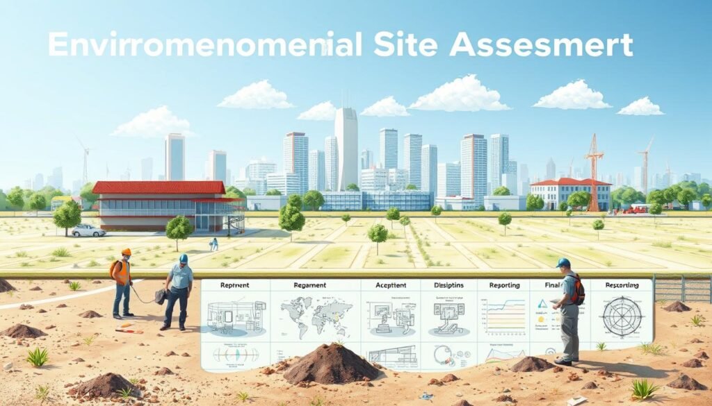 A well-lit, high-resolution illustration showcasing the comprehensive Environmental Site Assessment process. In the foreground, a team of experts meticulously inspecting a commercial property, taking soil samples and documenting their findings. The midground features detailed schematics and diagrams outlining the various stages of the assessment, from initial records review to final reporting. In the background, a cityscape with sustainable buildings and renewable energy sources, symbolizing the importance of thorough environmental evaluations for responsible development. Rendered with a crisp, technical aesthetic using a wide-angle lens to capture the full scope of the workflow.