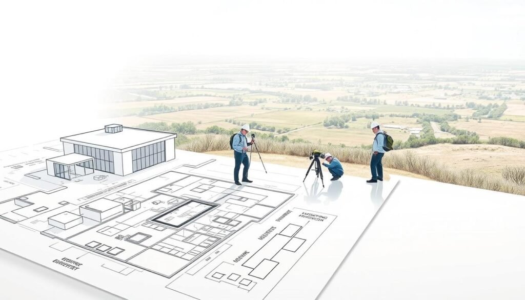 An environmental site assessment process, captured in a clean, technical illustration. In the foreground, an architectural blueprint depicting the layout of a commercial property, with detailed annotations highlighting key assessment areas. In the middle ground, a team of inspectors meticulously examining the site, utilizing specialized equipment and taking precise measurements. The background showcases a panoramic view of the surrounding landscape, conveying the comprehensive nature of the assessment. Soft, directional lighting casts subtle shadows, emphasizing the precision and care taken during this crucial process. The overall scene radiates a sense of professionalism and diligence, perfectly encapsulating the fundamentals of a certified environmental site assessment.