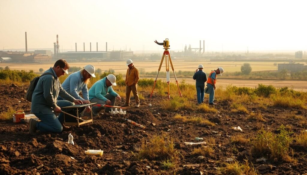 An expansive scene showcasing the environmental site assessment process. In the foreground, a team of professionals meticulously collect soil and water samples, their tools and equipment arranged neatly. In the middle ground, a topographic survey is underway, surveyors with high-precision instruments mapping the terrain. The background depicts the larger site, with industrial structures, vegetation, and natural features. Warm, diffused lighting creates a sense of professionalism and diligence. The composition emphasizes the comprehensive, multi-faceted nature of the site assessment, conveying a mood of thorough investigation and environmental stewardship.