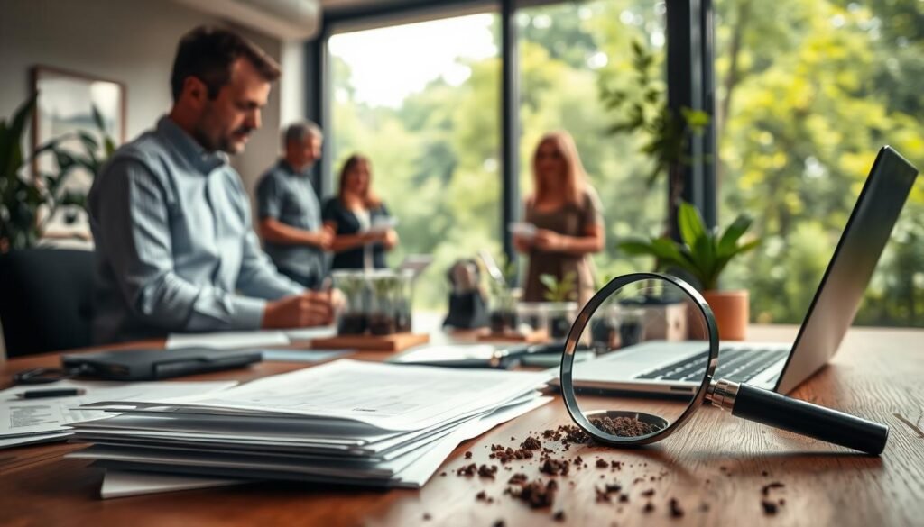 Detailed environmental assessment scene with a modern office interior. In the foreground, a desk with various documents, a laptop, and a magnifying glass, conveying the meticulous inspection process. The middle ground features a team of professionals examining soil samples and discussing findings. In the background, a large window overlooking a lush, verdant landscape, emphasizing the environmental focus. Warm, natural lighting creates a serene atmosphere, and the room is furnished with earthy tones and textures to reinforce the sustainability theme. The overall composition reflects the diligent, analytical nature of environmental liability assessments.