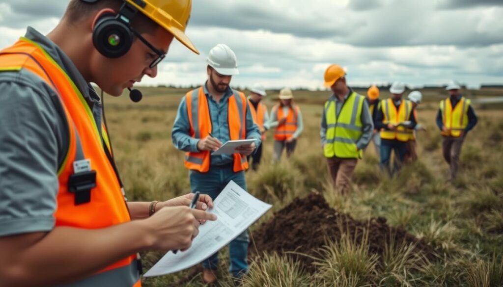 Detailed environmental site assessment process: A surveyor examines soil samples in the foreground, while in the middle ground, an engineer consults a site map under natural daylight. In the background, a team of inspectors in hard hats and high-visibility vests walk the perimeter, taking notes. The scene conveys a sense of systematic evaluation, with attention to technical details and safety protocols, set against a serene, grassy landscape with a cloudy sky above.