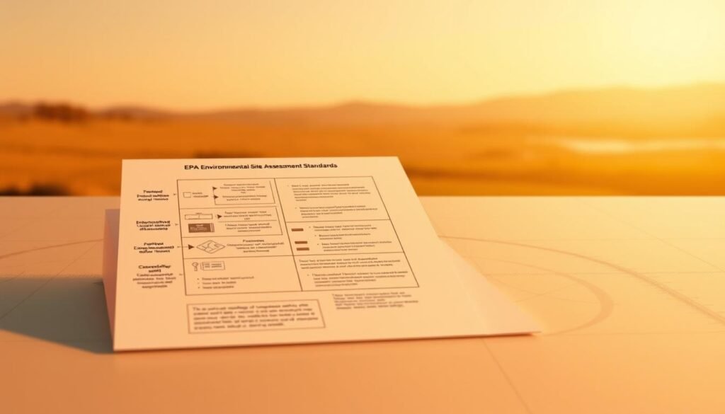 EPA Environmental Site Assessment Standards, depicted as a detailed technical diagram on a muted toned background. In the foreground, a precise schematic showcases the key components and procedures involved in the standardized EPA assessment process, rendered with technical precision. The middle ground features subtle grid lines and measurement scales, hinting at the rigorous data-driven nature of the assessment. In the background, a softly blurred landscape evokes the real-world environmental context in which these standards are applied. Warm lighting casts a professional, authoritative tone, while a clean, minimalist style emphasizes the systematic, evidence-based approach.