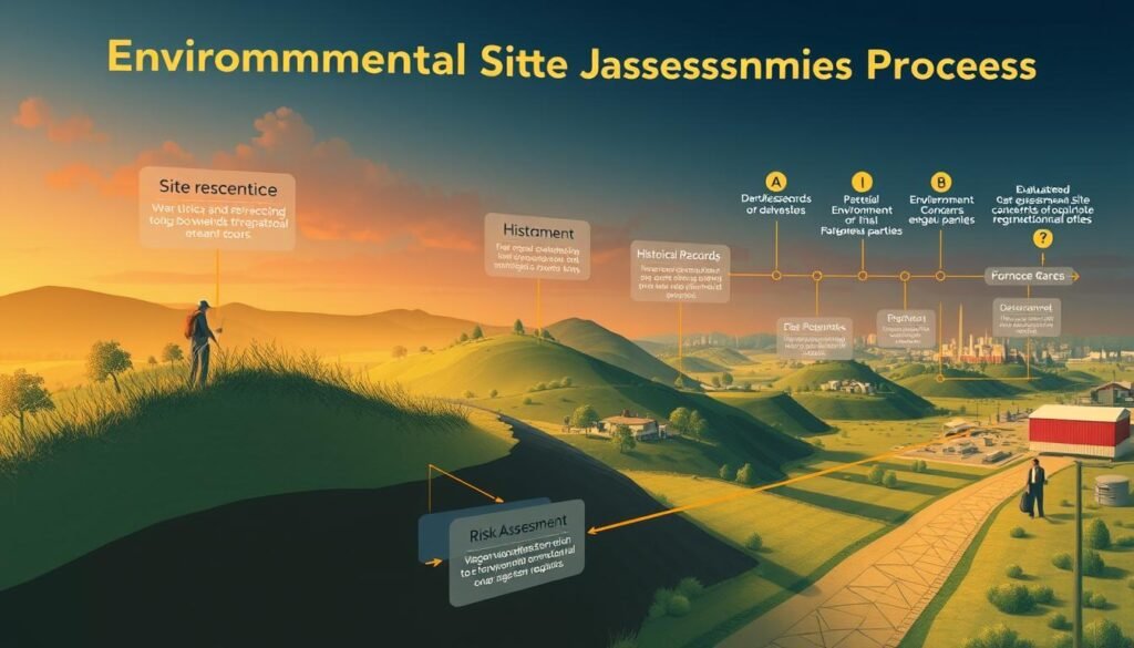 Environmental Site Assessment Process: A detailed illustration depicting the key stages of a comprehensive Environmental Site Assessment (ESA), including site reconnaissance, historical records review, and interviews with relevant parties. The foreground showcases the systematic data collection and analysis, while the middle ground highlights the evaluation of potential environmental concerns. The background depicts the overall workflow, with a focus on risk assessment and regulatory compliance. Captured with a wide-angle lens and warm lighting to convey a sense of professionalism and diligence in the environmental assessment process.