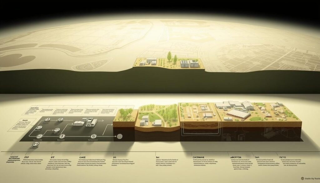 Environmental Site Assessment Process: A detailed illustration showcasing the various stages of an environmental site assessment. Crisp, architectural diagrams in a muted color palette depict the sequential steps, from historical research and site reconnaissance to soil sampling and laboratory analysis. The foreground features a central flow diagram, with icons representing each phase of the process. The middle ground showcases cross-sectional views of the site, highlighting underground features and potential contaminant sources. The background provides a broader contextual landscape, with faded topographic maps and satellite imagery setting the scene. Soft, directional lighting casts subtle shadows, emphasizing the technical and methodical nature of the assessment. An overall sense of precision and professionalism permeates the scene, reflecting the importance of thorough environmental due diligence.