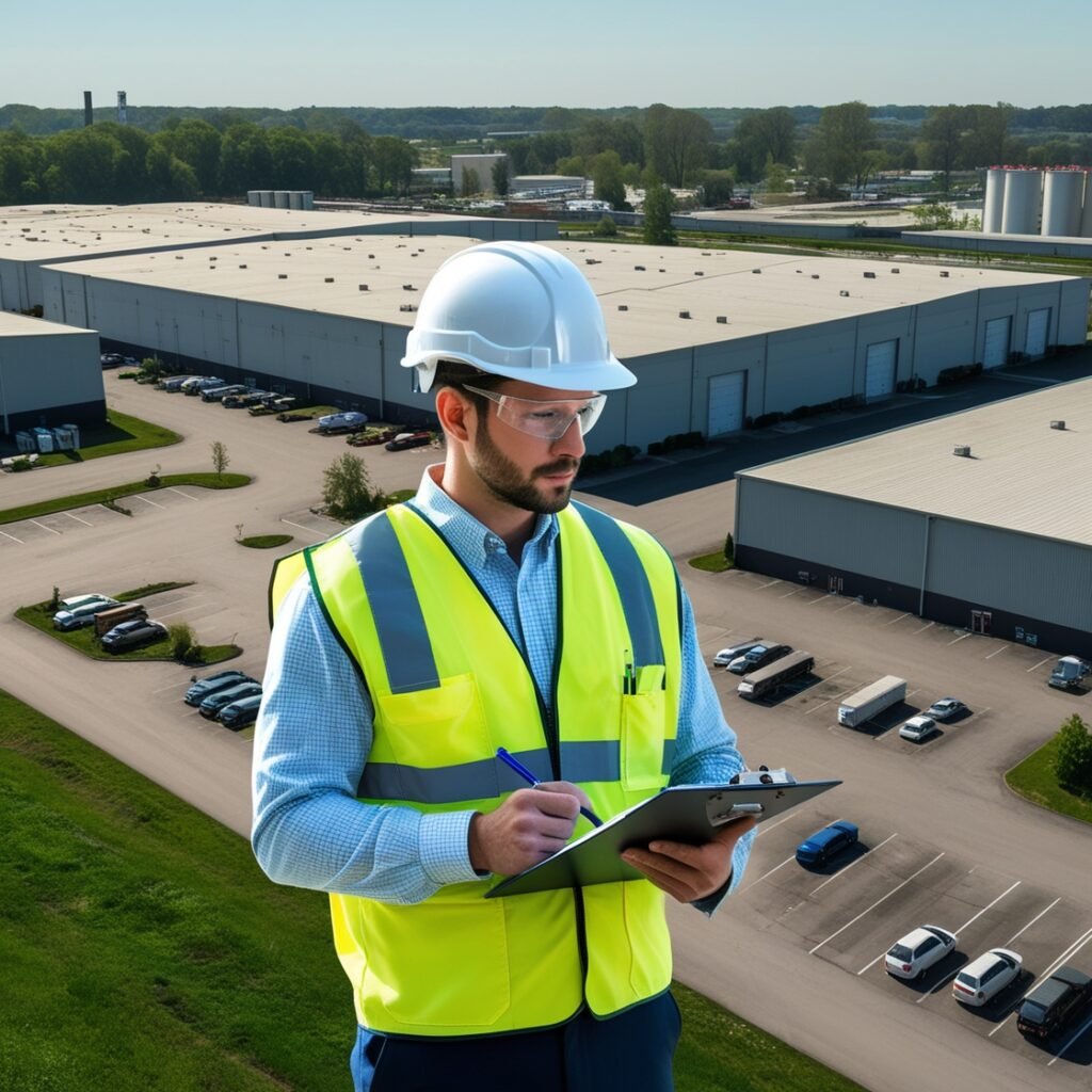 A professional environmental inspector in safety vest and helmet examining a large commercial property with warehouses and parking lot, using a clipboard and camera, surrounded by green areas and industrial structures, captured in realistic daylight photography style.