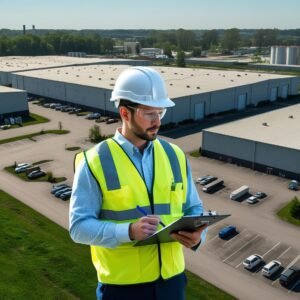 A professional environmental inspector in safety vest and helmet examining a large commercial property with warehouses and parking lot, using a clipboard and camera, surrounded by green areas and industrial structures, captured in realistic daylight photography style.